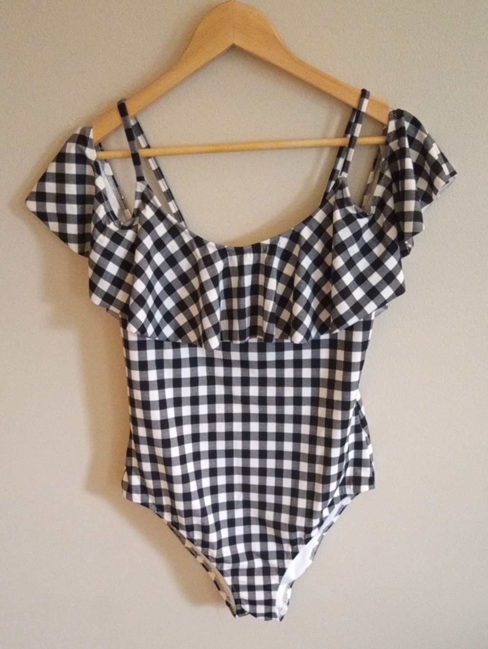 Adore Me Black and White Gingham Ruffle One-Piece Size Large